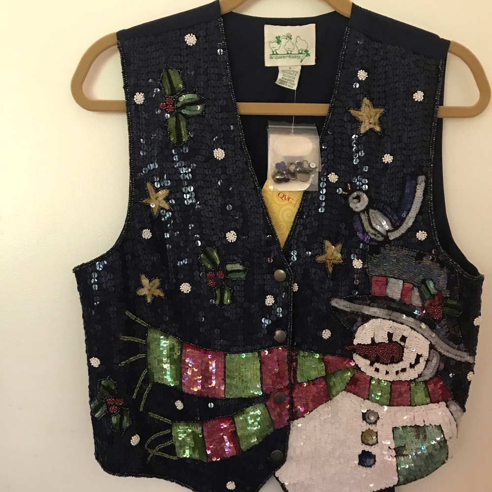 Quacker Factory Blue Sequin Snowman Vest